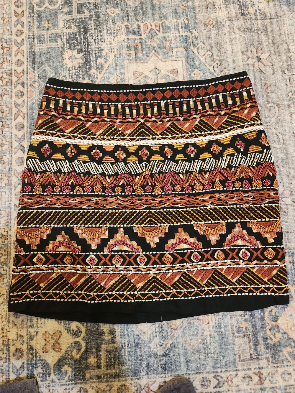 H&M Black Mini Skirt with Rust, Gold & Pink Embroidery